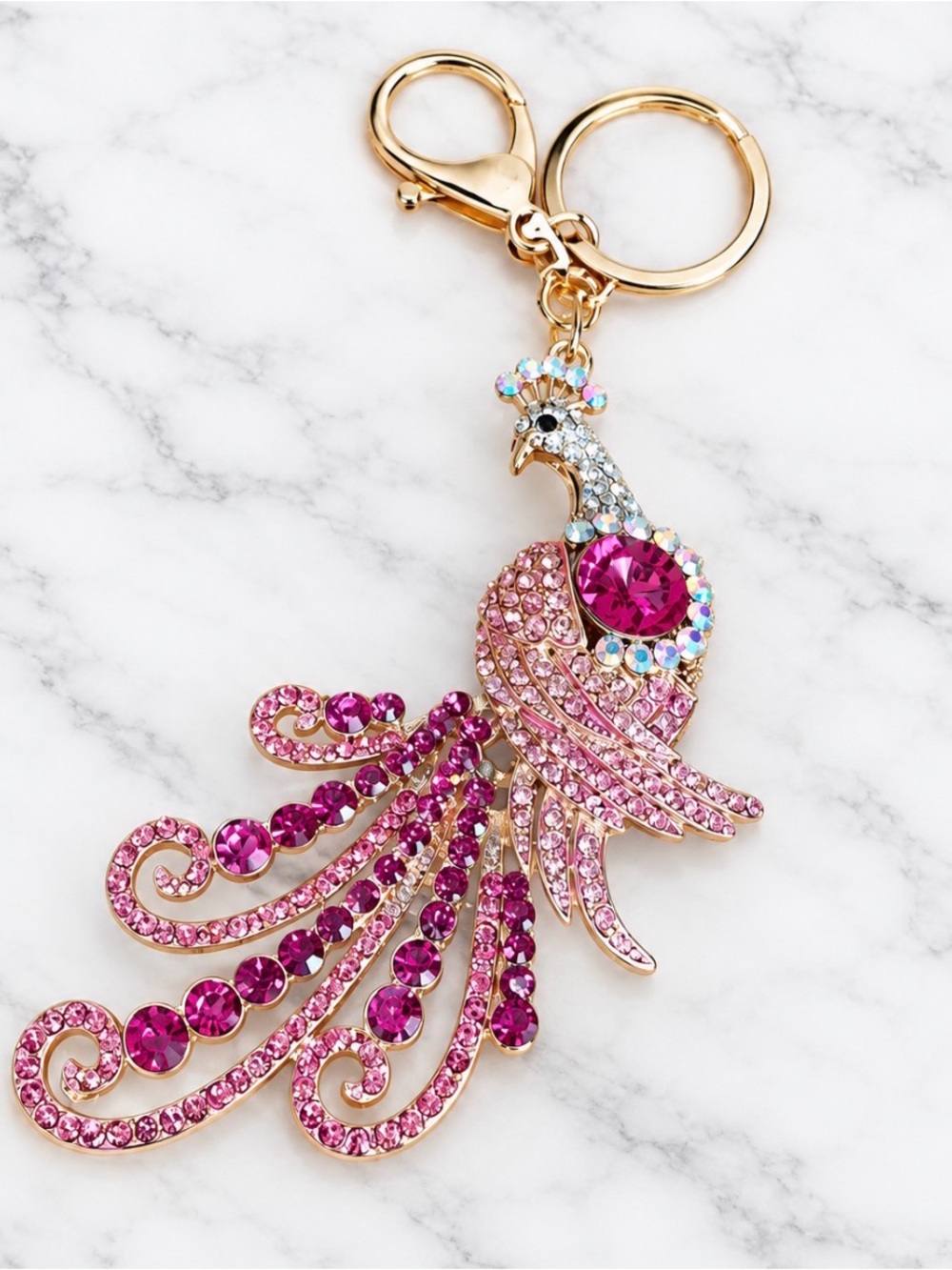Pink Crystal Accented Peacock Bag Charm/Keyring- Gold Hardware